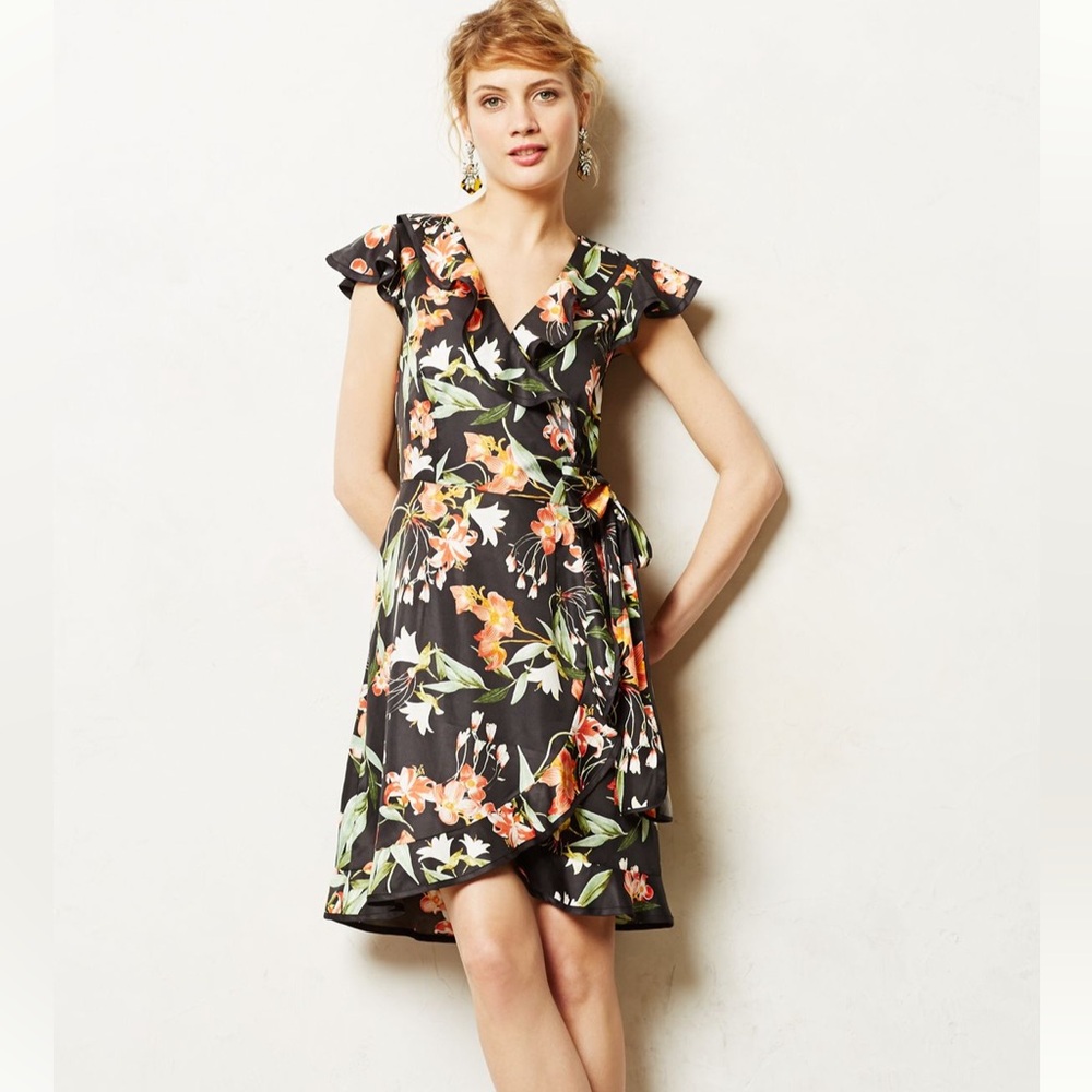 Anthropologie Karen Walker Hibiscus Floral Print Wrap Dress size 6 black orange